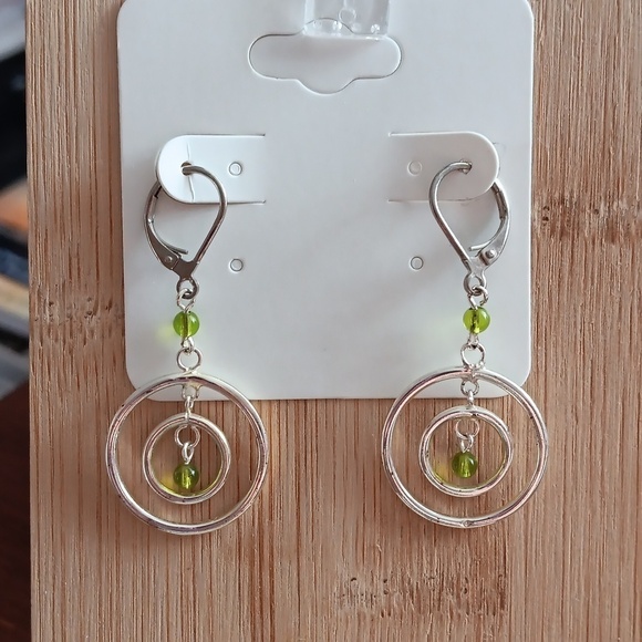 Silver Tone Double Ring  Green Beaded Dangle Earrings - Picture 1 of 5